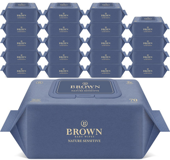 브라운 네이처 센시티브 도톰한 아기 물티슈 엠보싱 저자극 캡형, 73g, 70매, 20개