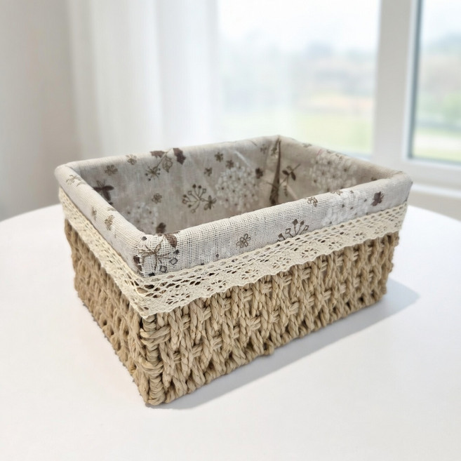 라타니에 라탄 바구니+리넨커버 세트, 내추럴베이지