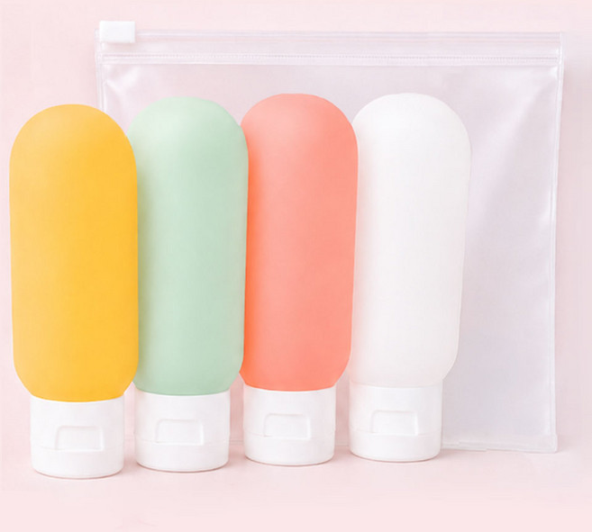 말랑 똑딱이 파스텔 색상 구분 실리콘 공병 4개+보관파우치 세트 60ml, 1개, 4종세트