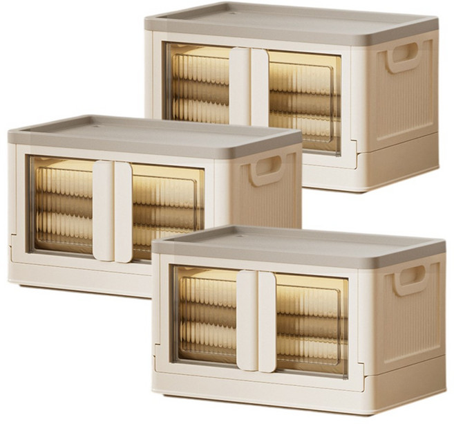 加大雙開折疊收納箱 30L/70L 儲物箱 摺疊箱, 奶油灰, 3個