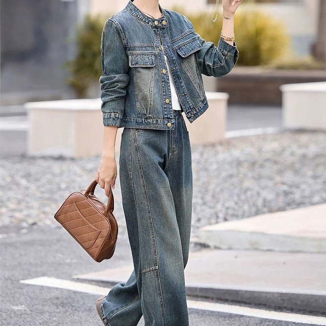 여성 데님 세트복 루즈핏 청자켓 + 와이드팬츠 상하 투피스 캐주얼 봄 가을 여자세트