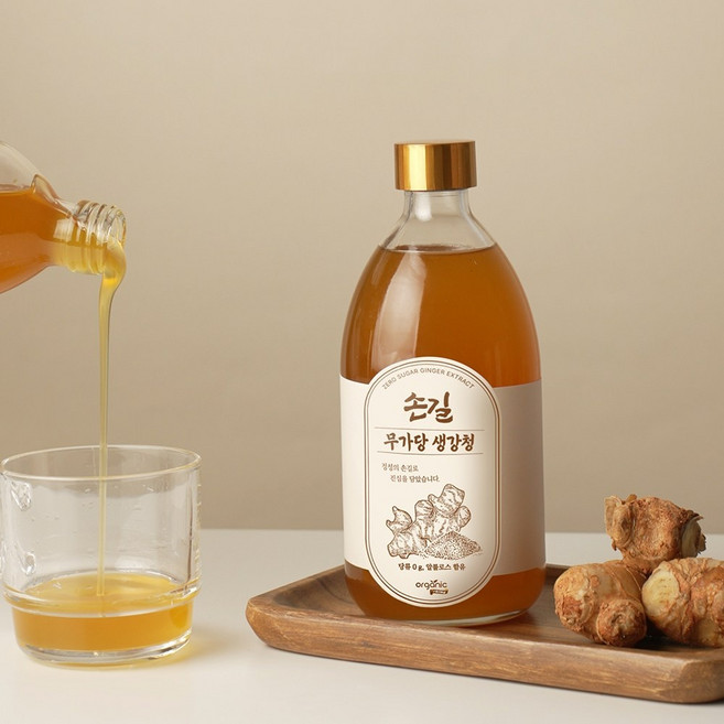 오가닉프렌즈 무설탕 손길 국내산 유기농 생강착즙 무가당 생강청 알룰로스 함유 당류 0g 생강차 생강즙, 1개, 500g, 1개