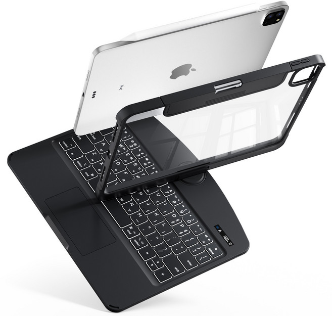 AITEWO 아이패드 호환 매직키보드 케이스 360도회전 한글 키보드 펜슬 수납 백라이트 에어 10.9 11 프로 1/2/3/4/5/6/7 세대 12.9 13인치 M2 M3 M4, 단색 블랙, 1개