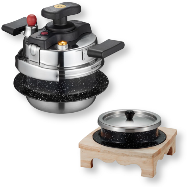 굿밥 1인용 2인용 압력솥 누룽지 미니 3인용 4인용 압력밥솥 인덕션 가스, 혼합색상, 1세트, 1.1L, 2인용 양수 코팅압력솥+스텐뚜껑/나무받침 세트