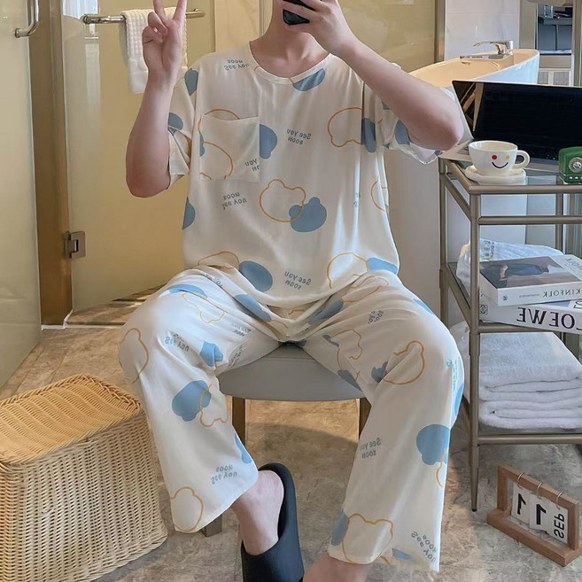 休閒風寬鬆綿綢短袖長褲睡衣兩件套