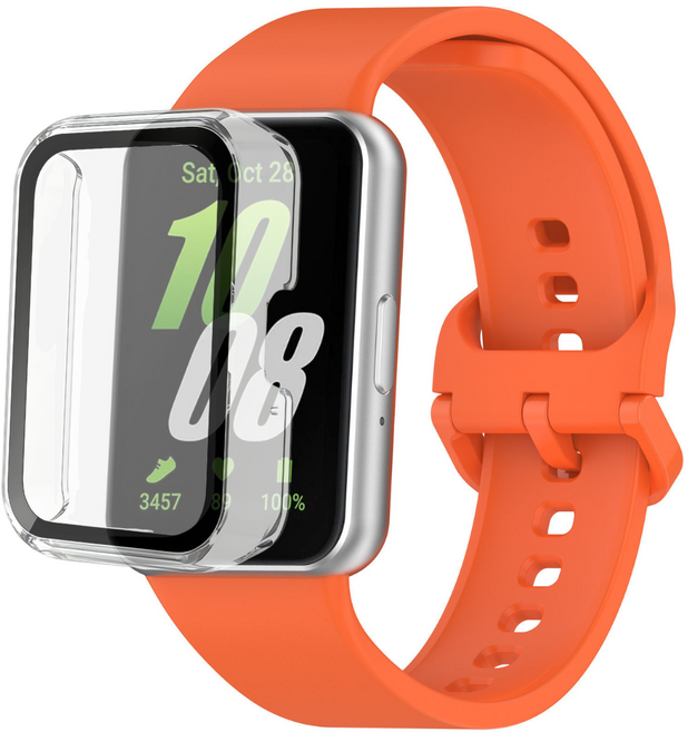 갤럭시핏 3 호환 스포츠 실리콘 스트랩+ 풀커버 보호 케이스, 오렌지/투명