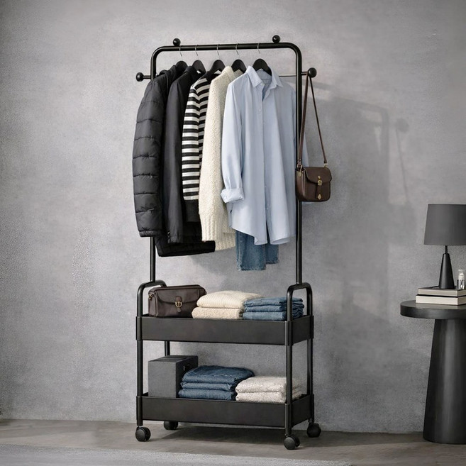 포인티움 이동식 행거 2단 수납 트롤리, 검정색