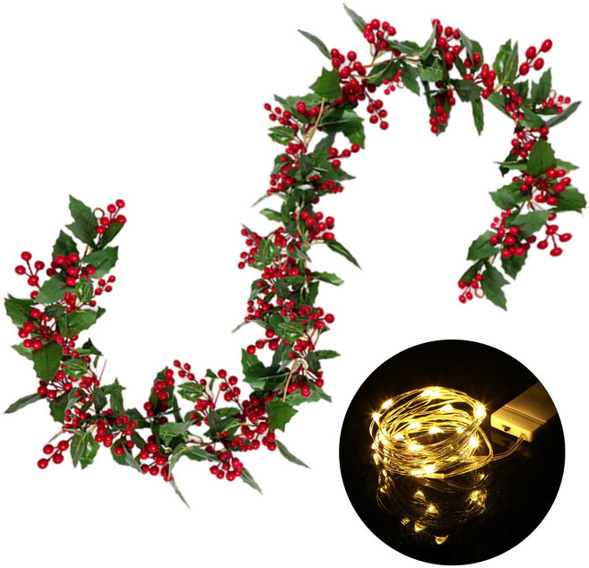 쏙쏙마켓 크리스마스 레드베리 넝쿨 리프열매 조화 가랜드 led 줄조명 포함