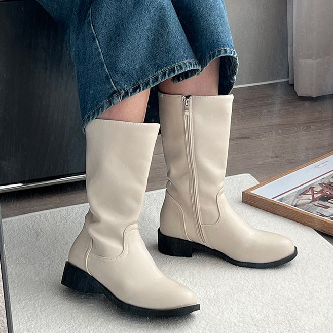 여성용 종아리 넓은 베이직 미들 부츠