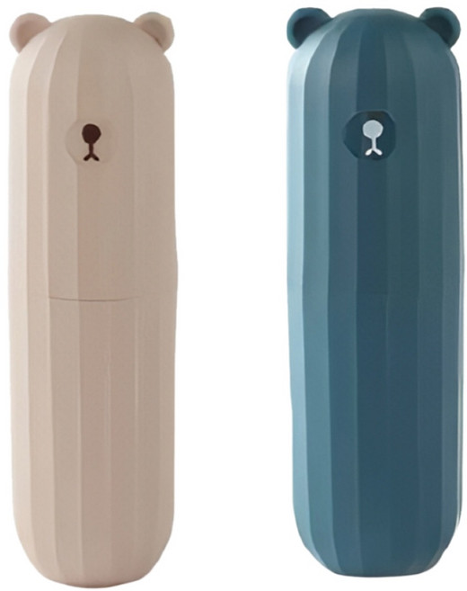 로앤제이 휴대용 여행용 곰돌이 칫솔통 양치컵 칫솔 치약 케이스 1+1, 1개, 베이지+네이비