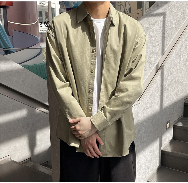 어반플리커 남성용 빈티지 피그먼트 워싱 오버핏 코튼 무지 셔츠