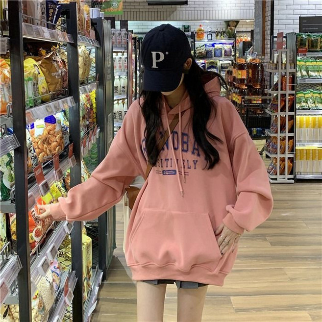 小蘭優購 加絨帽T 女 長袖上衣 寬鬆韓版秋冬女裝