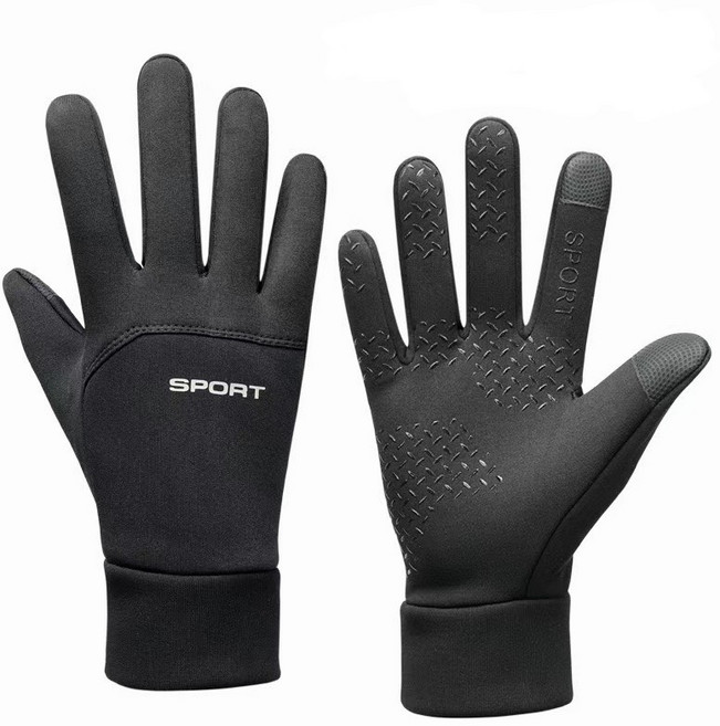SPORT 運動防風保暖觸控手套 柔軟加絨 戶外騎行防潑水, 全指黑色, 1個