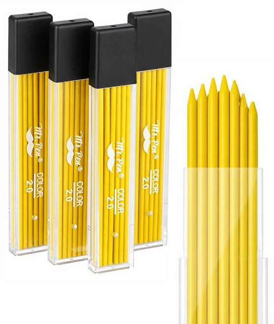 미스터펜 Mr. Pen - 2.0mm 심 리필 48팩 (튜브 당 12개) 옐로우 90mm 길이 건설 목공 및 제도 파손 및 얼룩 방지 굵은 2mm 샤프 리드, 2 mm, Yellow