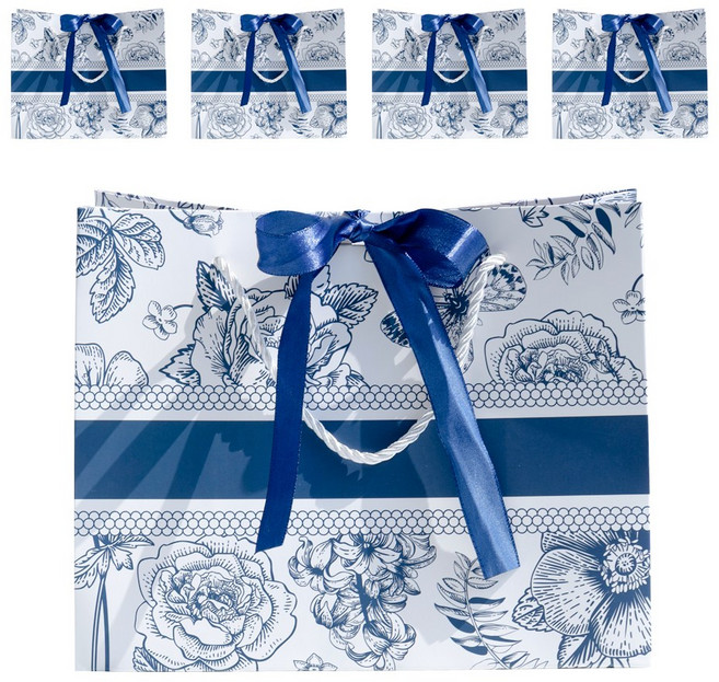 VITALO 플라워 드로잉 쇼핑백 가로형 플라워패턴 웨딩 답례품 선물 쇼핑백 종이가방 5P, 5개, 클래식라인