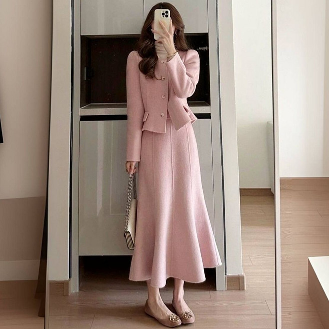 프렌치룩 여성 트위드 세트 봄가을 캐주얼 코디 명원풍 코트 + 스커트 프리미엄 빅사이즈 투피스 YHY