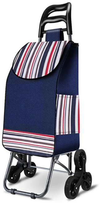 계단오르는 세발 접이식 쇼핑 카트 시장 바구니, (고무휠)네이비 스트라이프, 1개