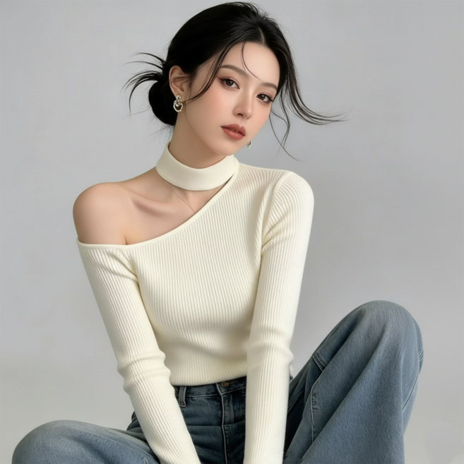 Soolink 여성 홀터넥 니트티 오프숄더 상의 부드러운 골지 긴팔 루즈핏