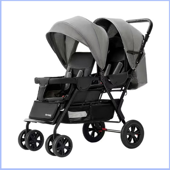 쌍둥이 트라이크 간편 접이식 2인 유모카 형제 자매 다둥이, 그레이