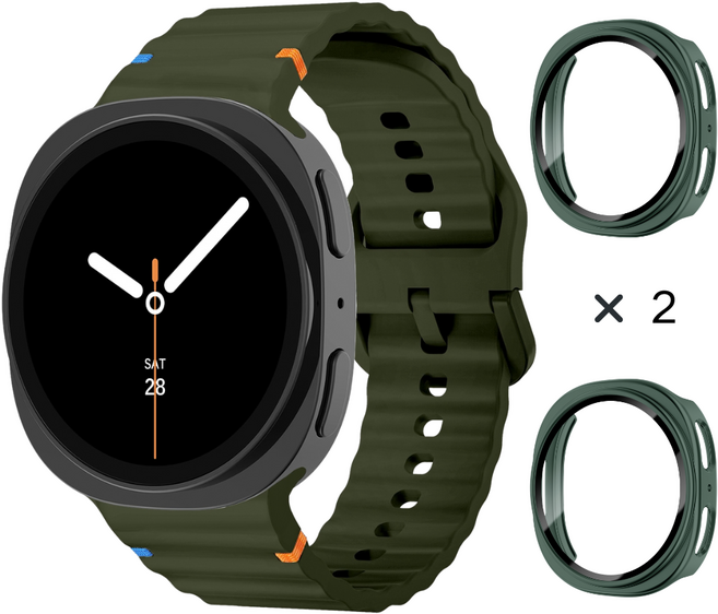 데일리피 갤럭시워치 호환 실리콘 컬러풀한 스티치 스트랩 8/7/6/6클래식/5/5프로/4/4클래식+PC 케이스 2개, 군녹색/그린