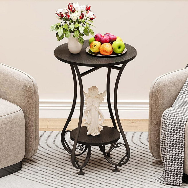 사이드 테이블 작은 공간을 위한 작은 원형 엔드 테이블 금속 프레임이 있는 원형 침대 옆 테이블 소파 커피 티 테이블 거실 침실 발코니를 위한 레트로 액센트 음료 테이블, Brown, 17.72" L x 17.72" W x 24.22" H, 브라운