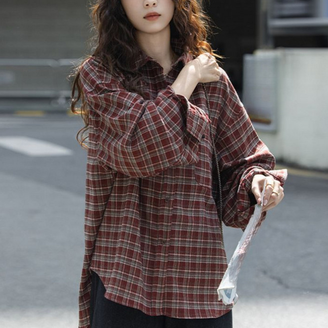 쁘띠꼬모 여성 오버핏 체크 셔츠 드롭숄더 언발란스 헴 캐주얼 블라우스 GX4122111