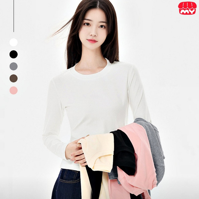 여자 긴팔티 얇은 라운드넥 세미 크롭 이너 티셔츠 봄 가을