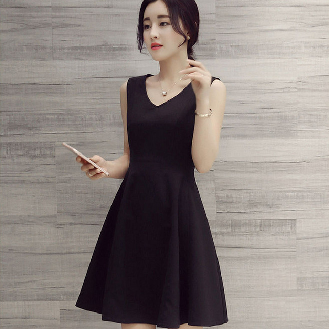 【小清新收腰】白色連衣裙 背心裙 夏季連衣裙 韓版連衣裙 無袖連衣裙 A字裙 修身顯瘦 純棉透氣 約會度假穿搭, HSYP#942#黑色