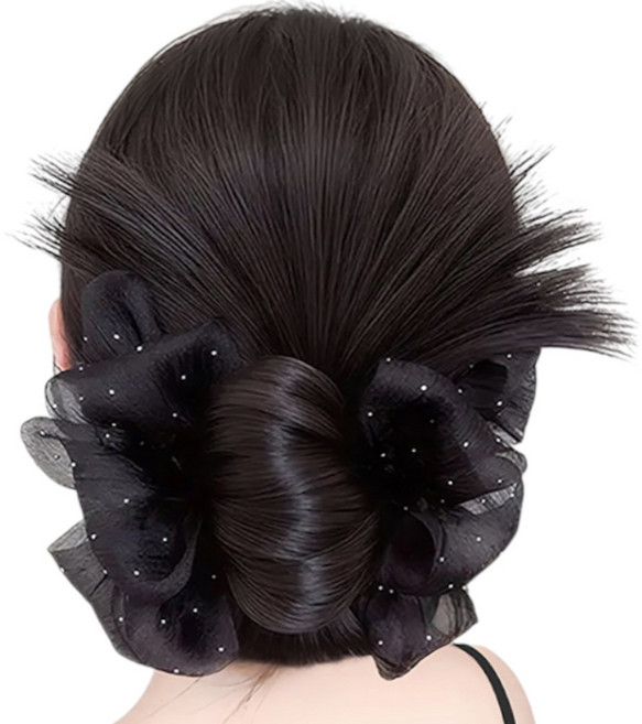 가발위드 포니테일 가발 스크런치 집게핀 도트 곱창밴드 헤어피스 볼륨업 노블테일, 1개, 블랙+네츄럴블랙