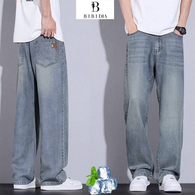 비비디아 남성용 여름 연청 와이드 데님팬츠 워싱 일자핏 아이스 청바지 5619