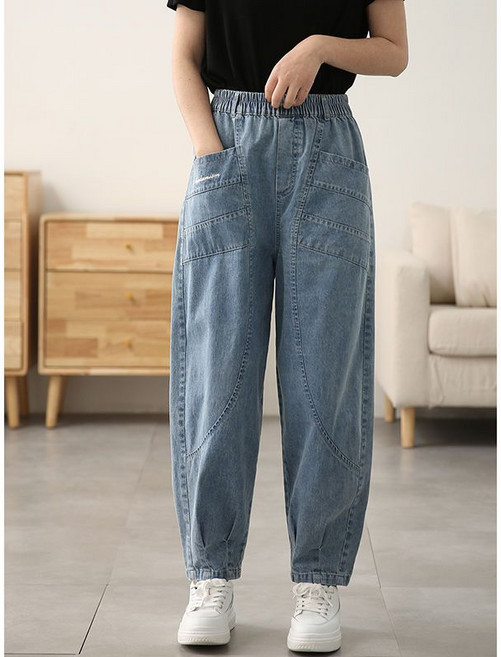 여성 데일리 데님 밴딩 배기 팬츠 캐주얼 봄 가을 9부 청바지 여자 밴딩데님팬츠