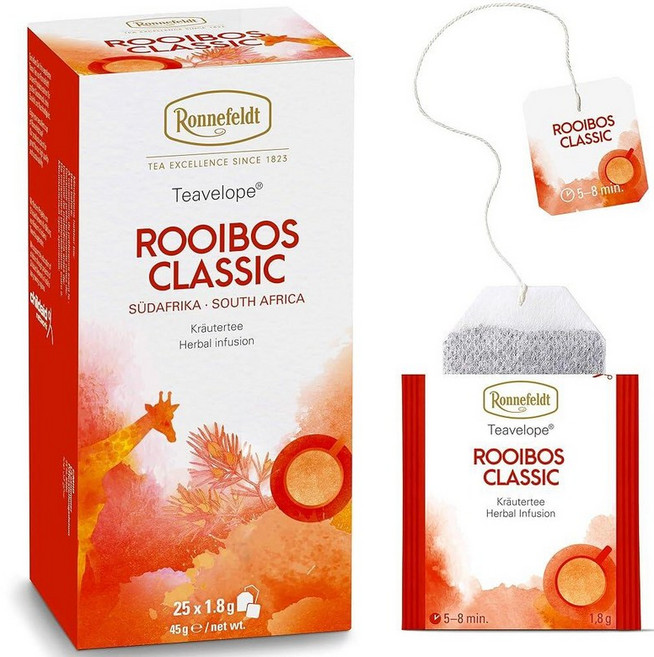Ronnefeldt Teavelope 루이보스 클래식 – 카페인 프리 남아프리카 레드 허브 티 개별 포장된 티백 25개 240852