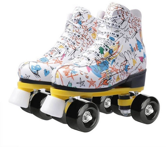 발광 파스텔 롤러스케이트 롤러슈즈 성인용 롤러장 바퀴 인라인, 화이트 그래피티+블랙 휠, 44