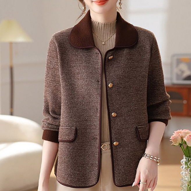 POMTOR 봄가을 여성 루즈핏 캐주얼 패션 트렌디 긴팔 니트 가디건 스타일 재킷 짧은 트위드 스타일 엄마룩 중장년 스타일 스냅 탑 코트