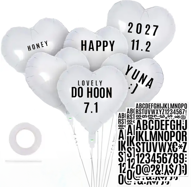 파파 파티 하트풍선 풍선끈 세트, 1세트, 화이트 6p + 레터링 스티커 (3P)