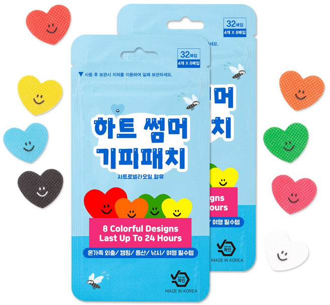 + 하트썸머모기패치 64매 국산% 아기 유아 성인 기피패치 8가지컬러, 2개