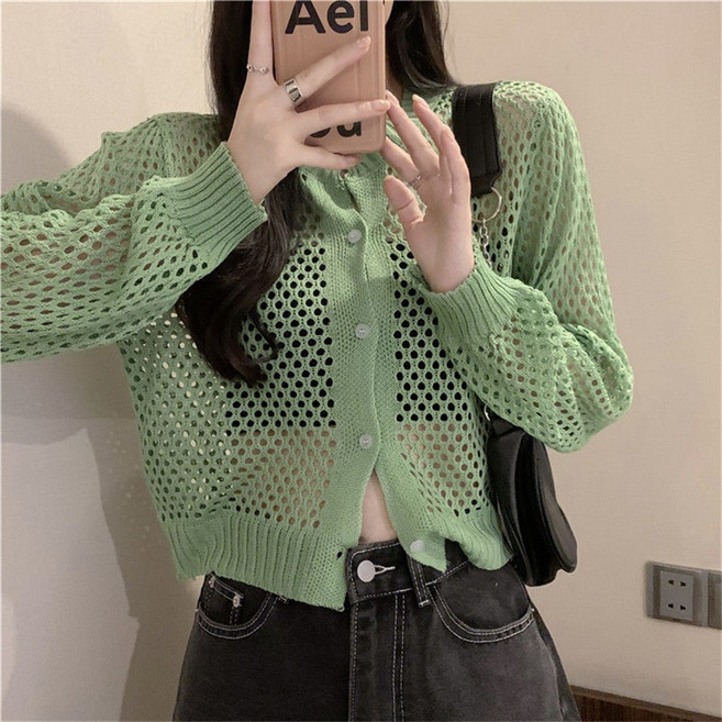 besteffie 그물니트 가디건 여름 여성용 숏 크롭가디건 땡땡이 펀칭 패션 프리사이즈 기본 카디건 C15