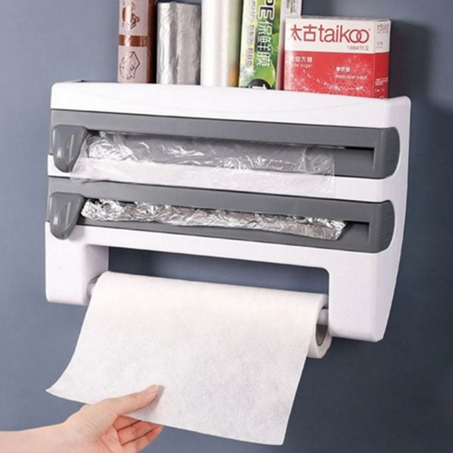 주방 랩 보관함 벽걸이 선반형 다용도 주방 호일 보관함 거치대 수납 정리대 간편랩 커팅기 간편, 그레이