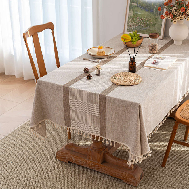 棉麻布藝桌布 亞麻檯布 餐桌布 茶几布 長方形蓋布巾, 幾何編紋-咖色,100*160cm, 1個