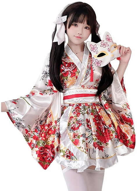여성용 긴 기모노 코스튬 할로윈 파티 꽃무늬 패턴 일본 게이샤 유카타 로브 드레스 벨트 목욕 가운 의상 화이트. 라지