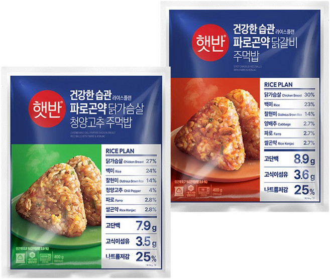 CJ 햇반 라이스플랜 (냉동) 파로곤약 주먹밥 400g 혼합 (닭가슴살 청양고추+닭갈비), 1세트, 800g