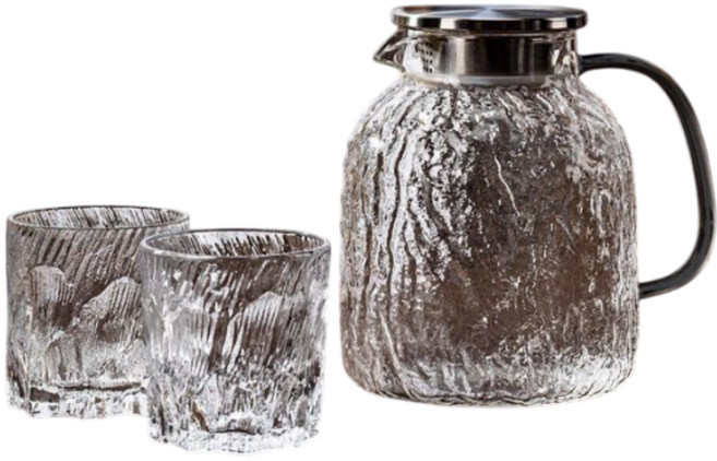 冷水壺套裝 玻璃耐高溫儲水涼水壺, 1個, 樹紋壺【304不鏽鋼蓋】+岩石矮杯2隻