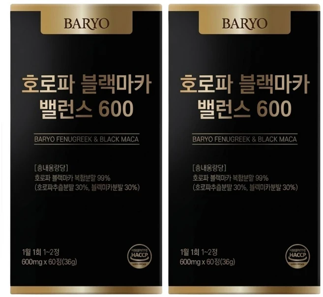 BARYO 호로파 블랙마카 1:1 프리미엄 밸런스 600mg 캡슐 60정, 2개 - 쿠팡