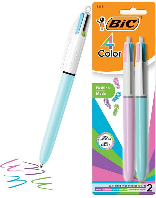 BIC 4색 패션 볼펜 미디엄 포인트(1.0mm) 4개의 컬러 잉크가 하나의 멀티컬러 펜 2개들이 팩에 들어 있습니다, BIC 4색 패션 볼펜, 미디엄 포인트(1.0mm),