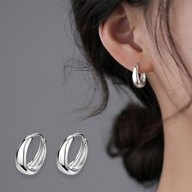 S925 실버 볼드 원터치 링귀걸이 은침 심플 물방울이어링