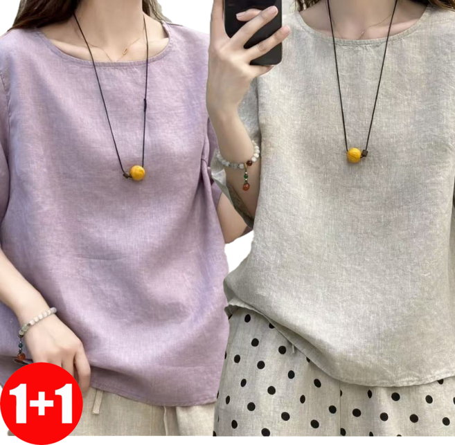지고다그 1+1 여성용 여름 면린넨 반팔 티셔츠 루즈핏 솔리드 컬러 라운드넥 통기성 캐주얼 티 ZKA0423