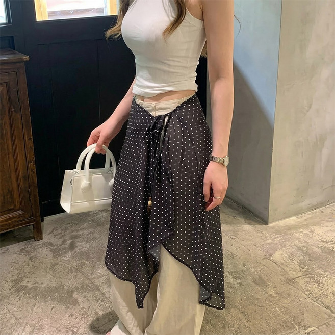 여성 레이어드 도트 랩 스커트 핀턱 셔링 비즈 스트랩 미니 스커트 땡땡이 덧치마 팬츠 레이스 레이어드 룩 쉬폰 포인트