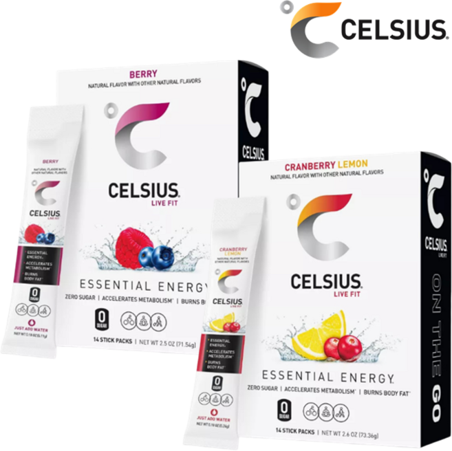 [CELSIUS] [1+1] 셀시어스 히트 워터 제로슈가 베리 맛 14개입 + 크랜베리 레몬 맛 14개입 운동 보조 에너지 드링크 분말 파우더 Energy Drink Mix