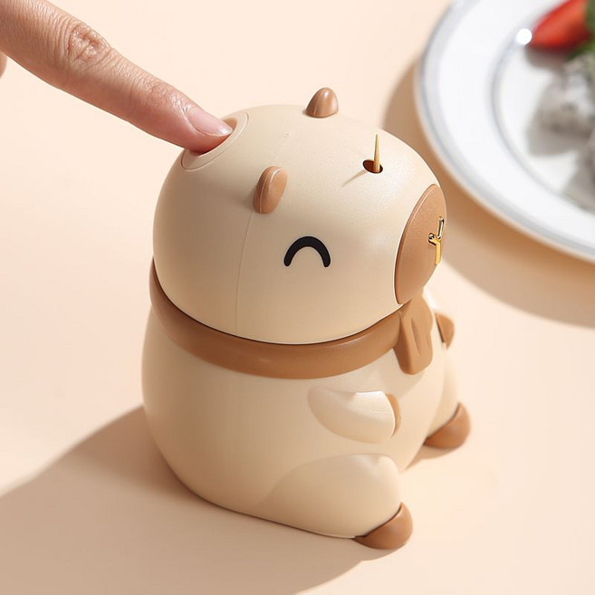 卡通可愛牙簽筒 按壓式自動彈出 牙簽盒, 1個, 卡皮巴拉按壓牙簽盒【贈100根牙簽】