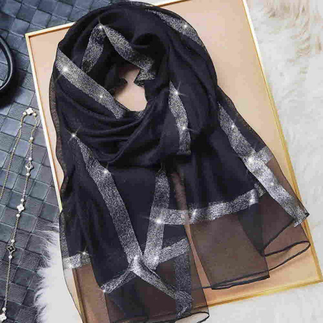 플리츠 쉬폰 롱스카프 사계절 봄 가을 고급스러운 데일리 여행 모임 목도리 / 금색 반짝이 스카프